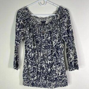 NWT Lucky Brand Peasant Style Blouse Medium Blue Off White